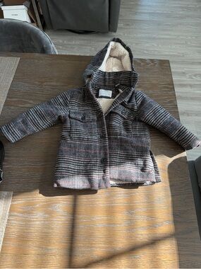 Zara Kids Hooded Plaid Pea Coat in Gray with Red Accents